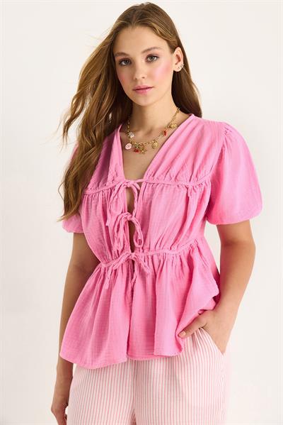 Kadın Bağlama Detaylı Kısa Kollu Müslin Bluz 1024 60283459 - Şeker Pembe
