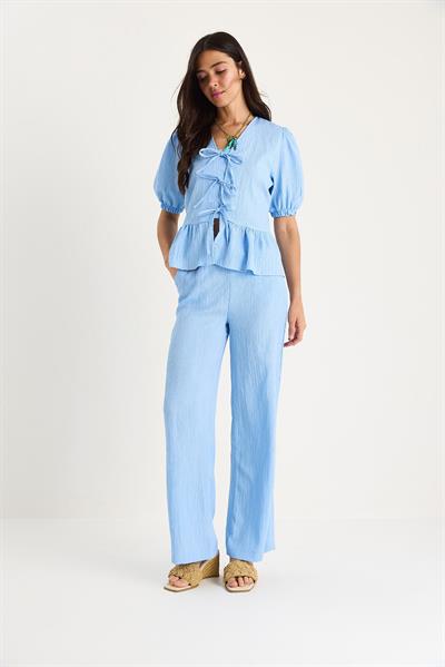 Kadın Bağlama Detaylı Kolları Lastikli Bluz Pantolon Bürümcük Takım 8015 60283448 - Bebe Mavisi