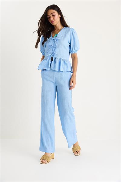 Kadın Bağlama Detaylı Kolları Lastikli Bluz Pantolon Bürümcük Takım 8015 60283448 - Bebe Mavisi