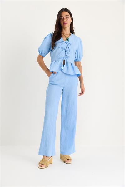 Kadın Bağlama Detaylı Kolları Lastikli Bluz Pantolon Bürümcük Takım 8015 60283448 - Bebe Mavisi
