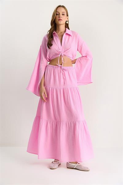 Kadın Bağlama Detaylı Yırtmaçlı Geniş Kol Bluz Astarlı Uzun Etek Takım DT251007 60283497 - Pembe
