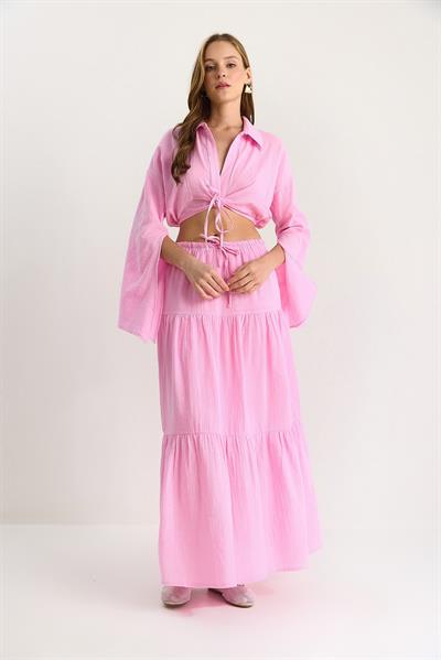 Kadın Bağlama Detaylı Yırtmaçlı Geniş Kol Bluz Astarlı Uzun Etek Takım DT251007 60283497 - Pembe
