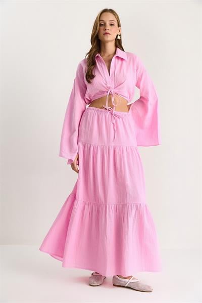 Kadın Bağlama Detaylı Yırtmaçlı Geniş Kol Bluz Astarlı Uzun Etek Takım DT251007 60283497 - Pembe