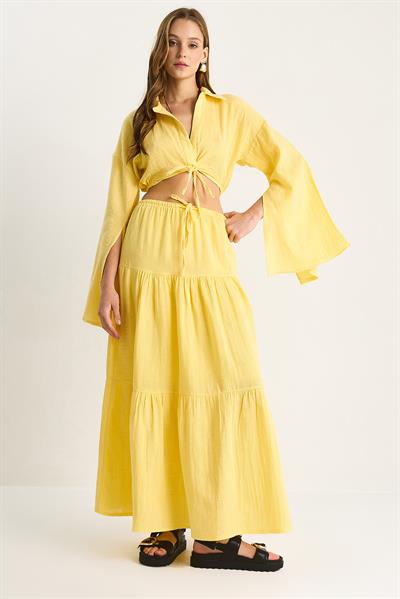 Kadın Bağlama Detaylı Yırtmaçlı Geniş Kol Bluz Astarlı Uzun Etek Takım DT251007 60283497 - Mango