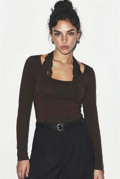 Kadın Bağlamalı Dantelli Gotik Uzun Kol Bluz ÖB261017 60286053 - Acı Kahve