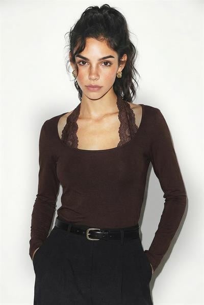 Kadın Bağlamalı Dantelli Gotik Uzun Kol Bluz ÖB261017 60286053 - Acı Kahve