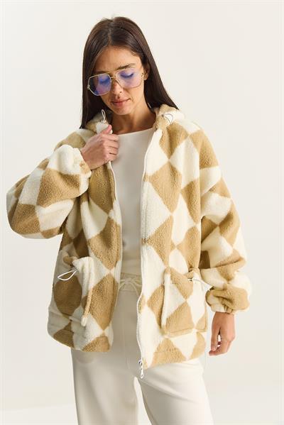 Kadın Baklava Desenli Astarlı Kapüşonlu Peluş Mont 4047 60283842 - Bej-Beyaz