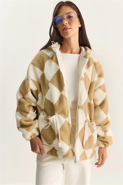 Kadın Baklava Desenli Astarlı Kapüşonlu Peluş Mont 4047 60283842 - Bej-Beyaz