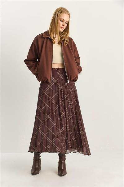 Kadın Baklava Desenli Piliseli Astarlı Şifon Etek 60283905 - Kahve-Yeşil