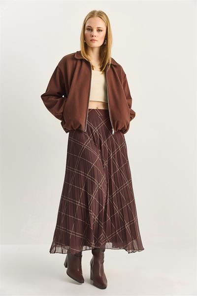 Kadın Baklava Desenli Piliseli Astarlı Şifon Etek 60283905 - Kahve-Yeşil