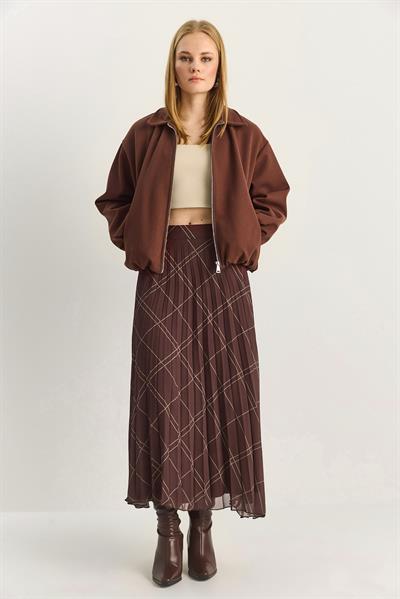 Kadın Baklava Desenli Piliseli Astarlı Şifon Etek 60283905 - Kahve-Yeşil