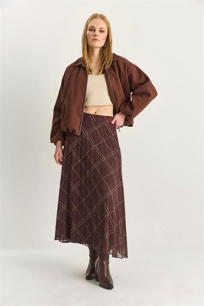 Kadın Baklava Desenli Piliseli Astarlı Şifon Etek 60283905 - Kahve-Yeşil