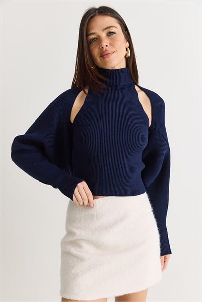 Kadın Balıkçı Yaka Kolsuz Triko Bluz ve Bolero Takım TT261010 60286560 - Lacivert ALT - ÜST TAKIM modelleri