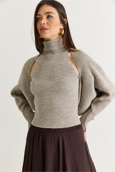 Kadın Balıkçı Yaka Kolsuz Triko Bluz ve Bolero Takım TT261010 60286560 - Vizon