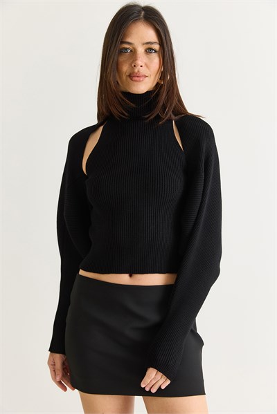 Kadın Balıkçı Yaka Kolsuz Triko Bluz ve Bolero Takım TT261010 60286560 - Siyah