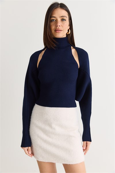 Kadın Balıkçı Yaka Kolsuz Triko Bluz ve Bolero Takım TT261010 60286560 - Lacivert