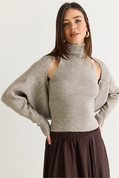 Kadın Balıkçı Yaka Kolsuz Triko Bluz ve Bolero Takım TT261010 60286560 - Vizon ALT - ÜST TAKIM modelleri