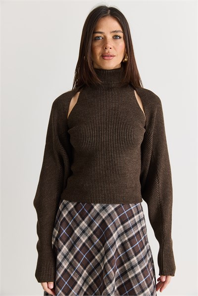Kadın Balıkçı Yaka Kolsuz Triko Bluz ve Bolero Takım TT261010 60286560 - Kahverengi
