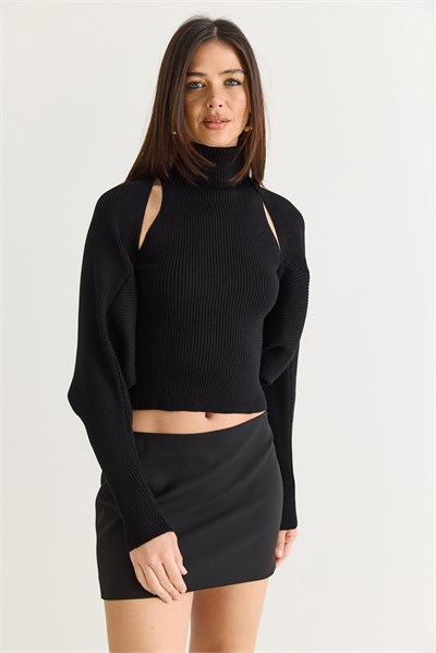 Kadın Balıkçı Yaka Kolsuz Triko Bluz ve Bolero Takım TT261010 60286560 - Siyah