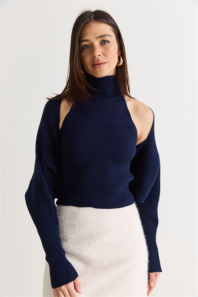 Kadın Balıkçı Yaka Kolsuz Triko Bluz ve Bolero Takım TT261010 60286560 - Lacivert