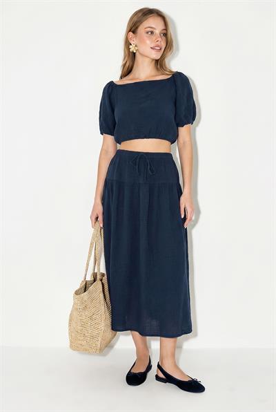 Kadın Balon Kollu Crop Bluz Bağlama Detaylı Pamuklu Müslin Etek Takım YC2728 60286287 - Lacivert