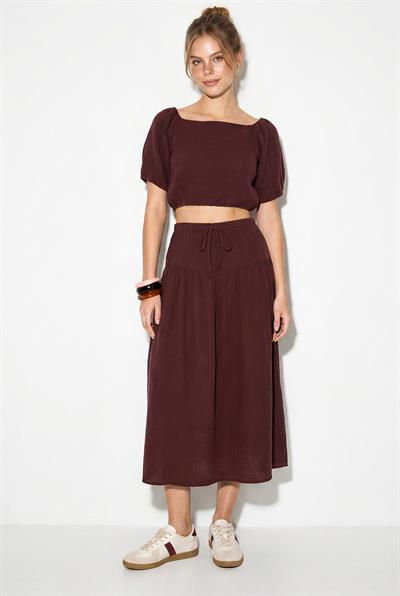 Kadın Balon Kollu Crop Bluz Bağlama Detaylı Pamuklu Müslin Etek Takım YC2728 60286287 - Mürdüm