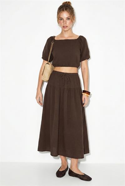 Kadın Balon Kollu Crop Bluz Bağlama Detaylı Pamuklu Müslin Etek Takım YC2728 60286287 - Acı Kahve