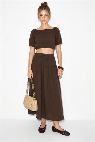 Kadın Balon Kollu Crop Bluz Bağlama Detaylı Pamuklu Müslin Etek Takım YC2728 60286287 - Acı Kahve