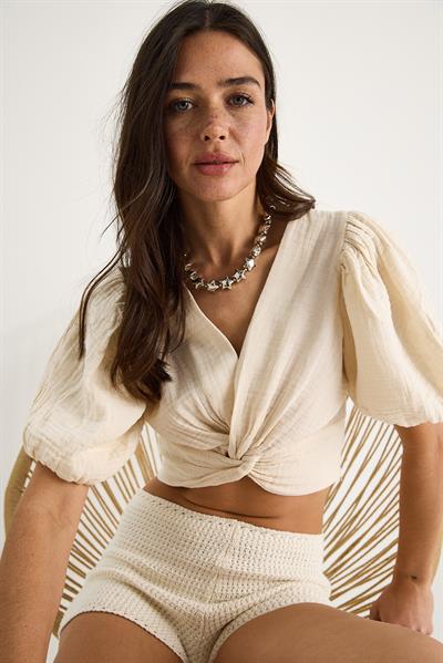 Kadın Balon Kollu Crop Müslin Bluz 1004-1 60283344 - Bej
