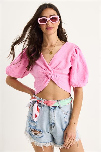 Kadın Balon Kollu Crop Müslin Bluz 1004-1 60283344 - Şeker Pembe