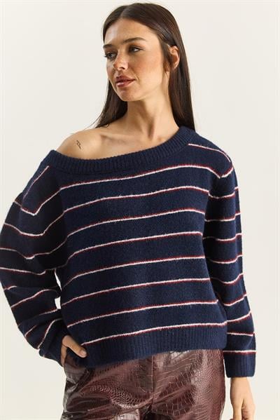 Kadın Bardot Yaka Çizgili Oversize Triko Kazak 2570 60283876 - Lacivert-Bordo