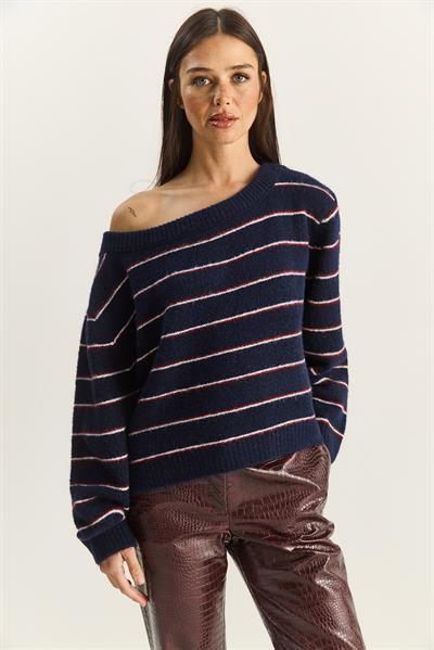 Kadın Bardot Yaka Çizgili Oversize Triko Kazak 2570 60283876 - Lacivert-Bordo