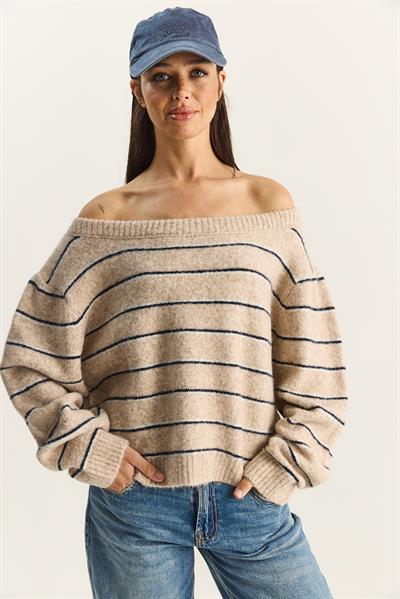 Kadın Bardot Yaka Çizgili Oversize Triko Kazak 2570 60283876 - Bej-Lacivert