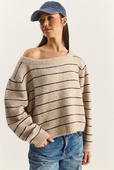 Kadın Bardot Yaka Çizgili Oversize Triko Kazak 2570 60283876 - Bej-Lacivert