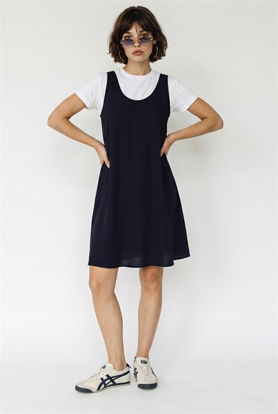 Kadın Basic T-Shirt Detaylı Askılı A Kesim Kısa Elbise 4153 60286368 - Lacivert