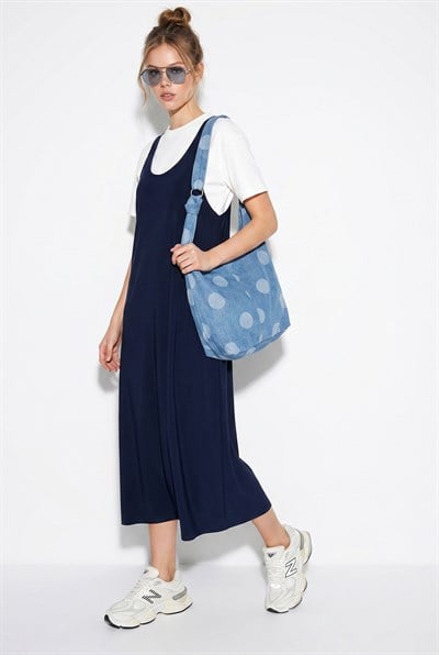 Kadın Basic T-Shirt Detaylı Askılı A Kesim Maxi Elbise 3598 60286360 - Lacivert