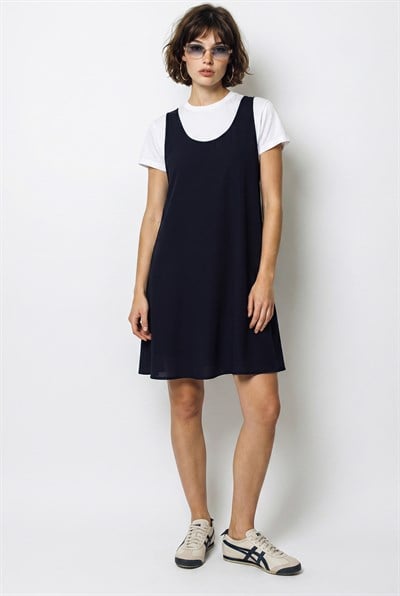 Kadın Basic T-Shirt Detaylı Askılı A Kesim Kısa Elbise 4153 60286368 - Lacivert