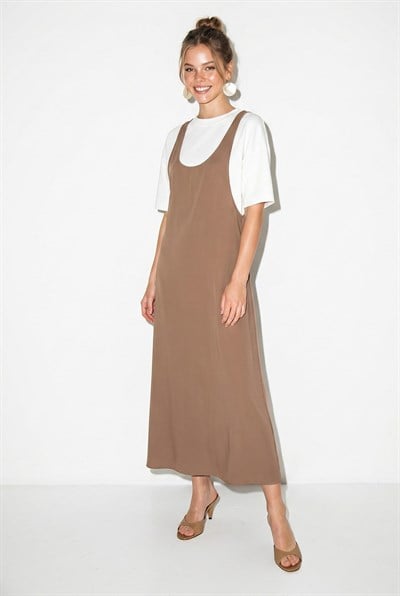 Kadın Basic T-Shirt Detaylı Askılı A Kesim Maxi Elbise 3598 60286360 - Bej