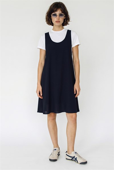 Kadın Basic T-Shirt Detaylı Askılı A Kesim Kısa Elbise 4153 60286368 - Lacivert