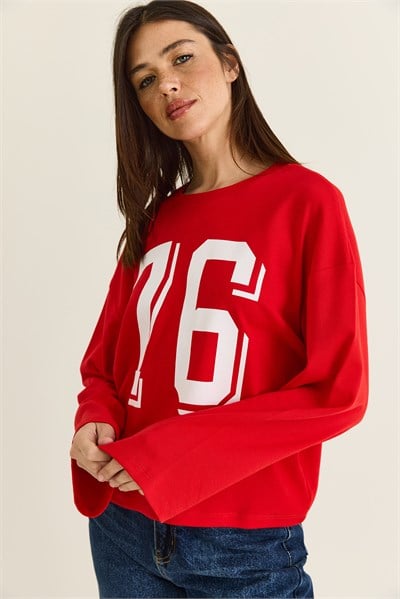 Kadın Baskı Detaylı Uzun Kollu Oversize Modal Bluz 12511 60286532 - Kırmızı