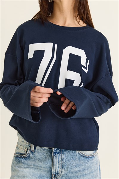 Kadın Baskı Detaylı Uzun Kollu Oversize Modal Bluz 12511 60286532 - Lacivert