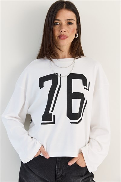 Kadın Baskı Detaylı Uzun Kollu Oversize Modal Bluz 12511 60286532 - Beyaz