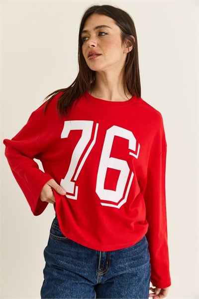 Kadın Baskı Detaylı Uzun Kollu Oversize Modal Bluz 12511 60286532 - Kırmızı