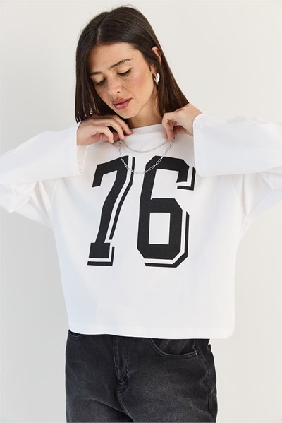 Kadın Baskı Detaylı Uzun Kollu Oversize Modal Bluz 12511 60286532 - Beyaz