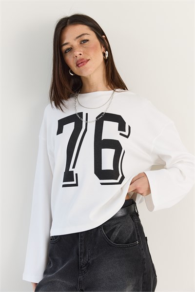 Kadın Baskı Detaylı Uzun Kollu Oversize Modal Bluz 12511 60286532 - Beyaz