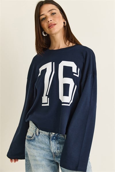 Kadın Baskı Detaylı Uzun Kollu Oversize Modal Bluz 12511 60286532 - Lacivert
