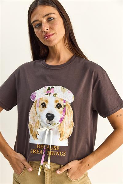 Kadın Baskı ve Payet Detaylı Fiyonklu Basic T-Shirt 7643 60286115 - Kahverengi