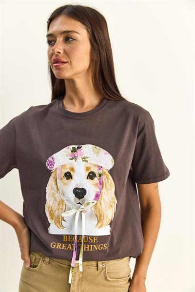 Kadın Baskı ve Payet Detaylı Fiyonklu Basic T-Shirt 7643 60286115 - Kahverengi