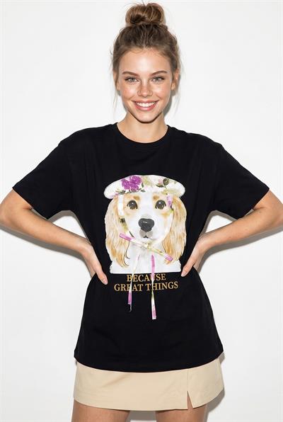 Kadın Baskı ve Payet Detaylı Fiyonklu Basic T-Shirt 7643 60286115 - Siyah