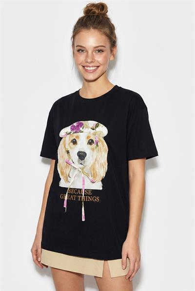 Kadın Baskı ve Payet Detaylı Fiyonklu Basic T-Shirt 7643 60286115 - Siyah